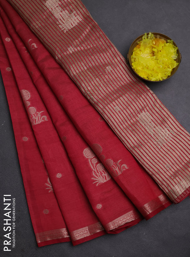 Semi raw silk saree maroon with zari woven buttas and small zari woven border
