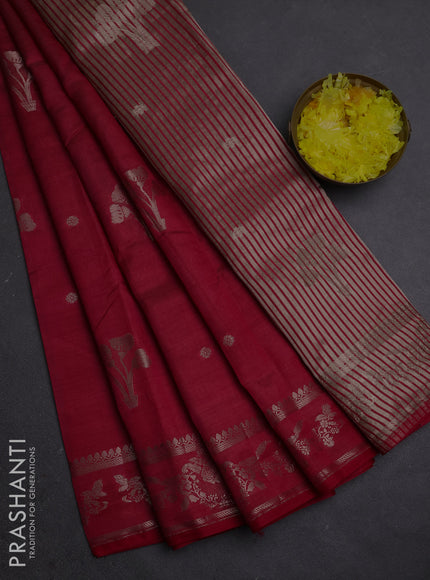 Semi raw silk saree dark pink with zari woven buttas and zari woven border