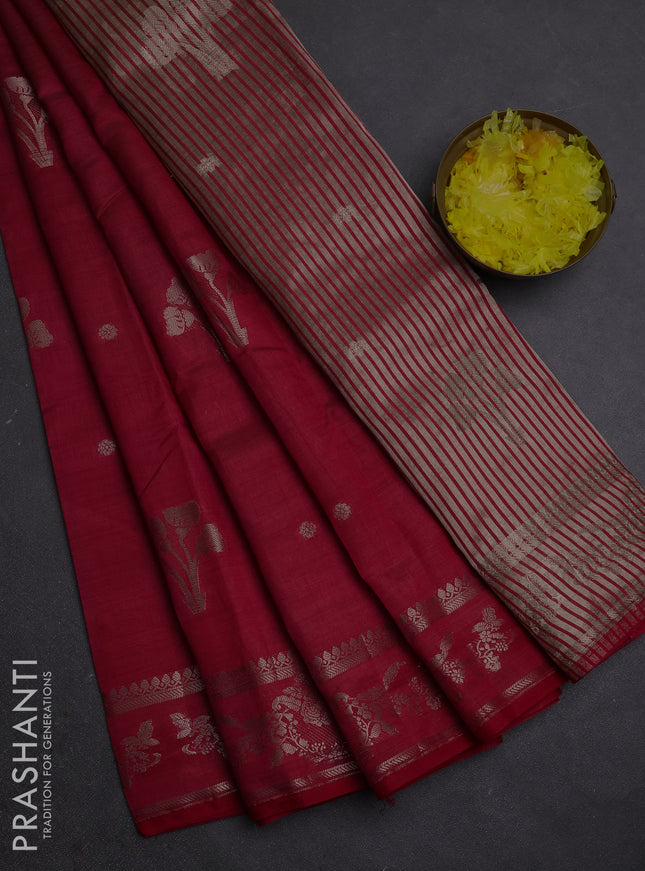 Semi raw silk saree dark pink with zari woven buttas and zari woven border