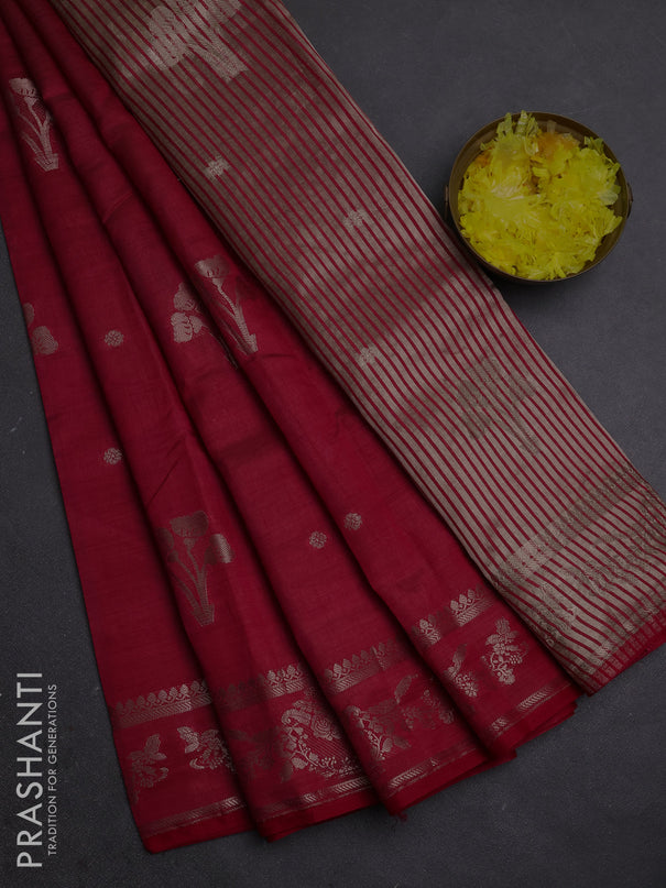 Semi raw silk saree dark pink with zari woven buttas and zari woven border