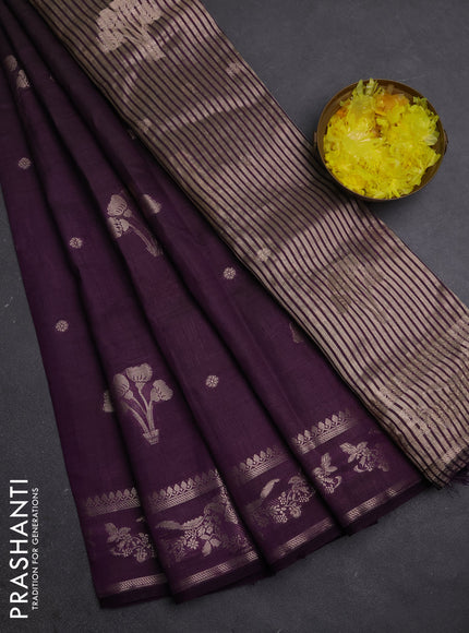 Semi raw silk saree deep purple with zari woven buttas and zari woven border