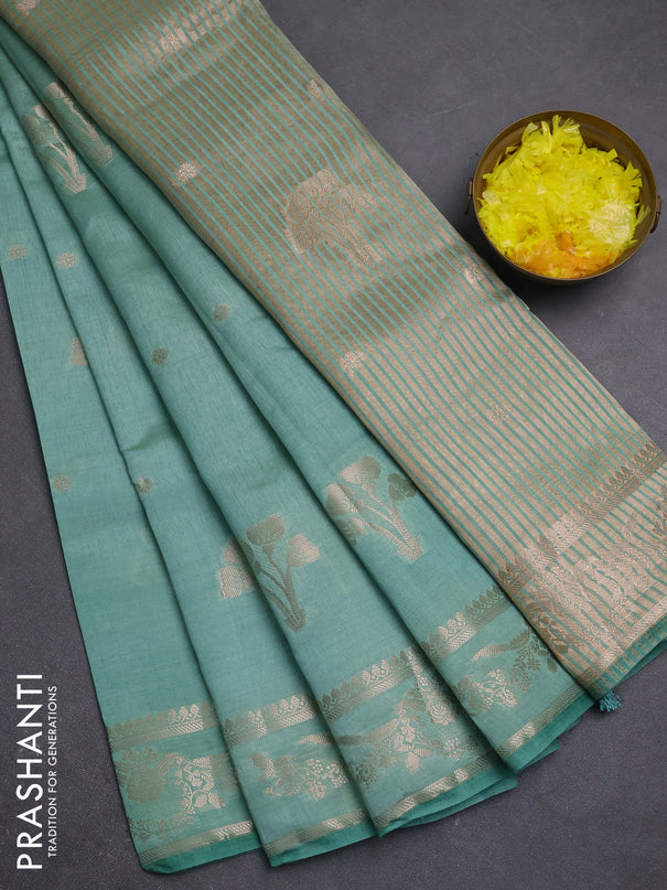 Semi raw silk saree pastel green with zari woven buttas and zari woven border