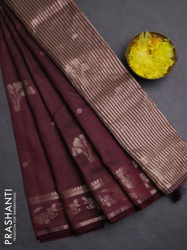 Semi raw silk saree deep purple with zari woven buttas and zari woven border