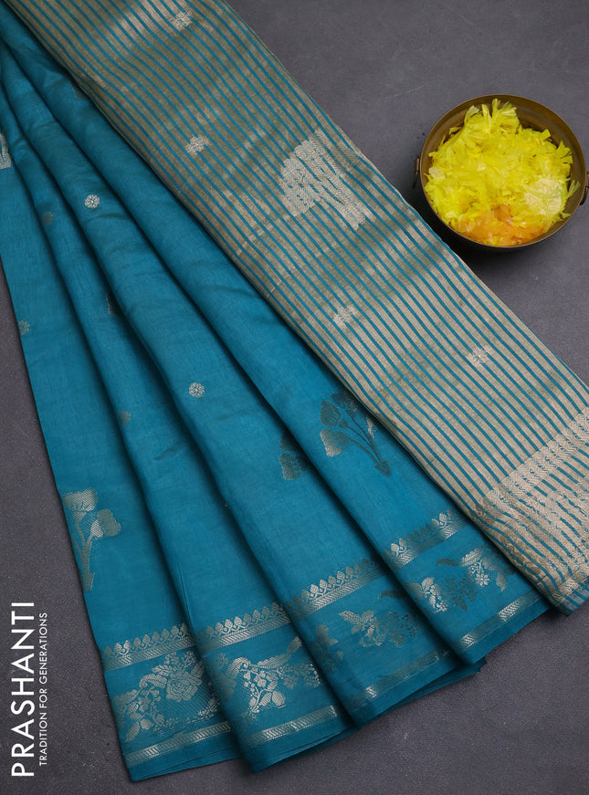Semi raw silk saree teal green with zari woven buttas and zari woven border