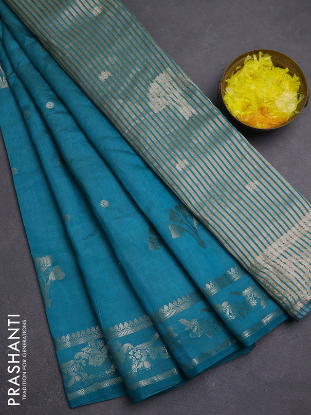 Semi raw silk saree teal green with zari woven buttas and zari woven border