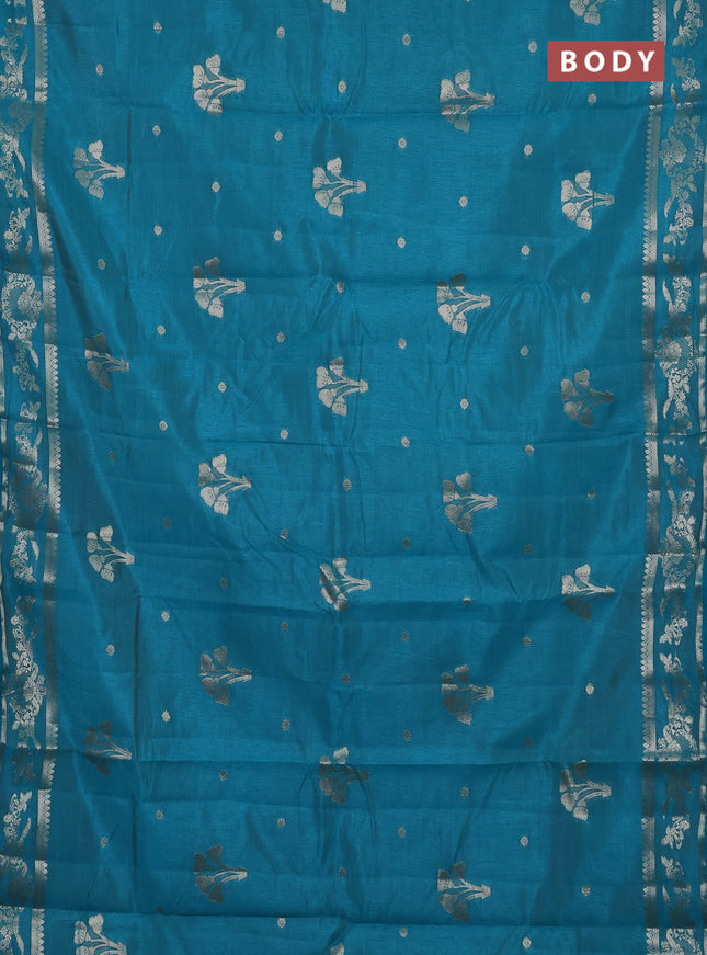 Semi raw silk saree teal green with zari woven buttas and zari woven border