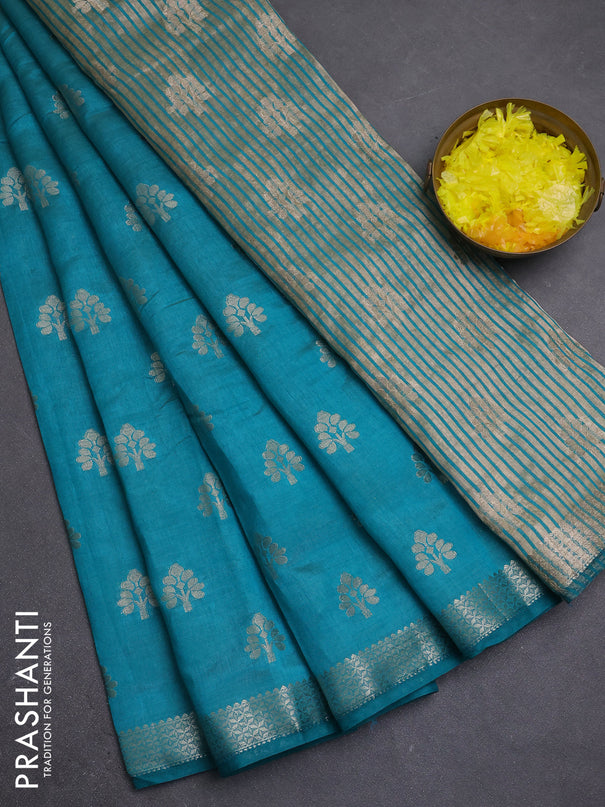 Semi raw silk saree teal green with allover zari woven buttas and zari woven border