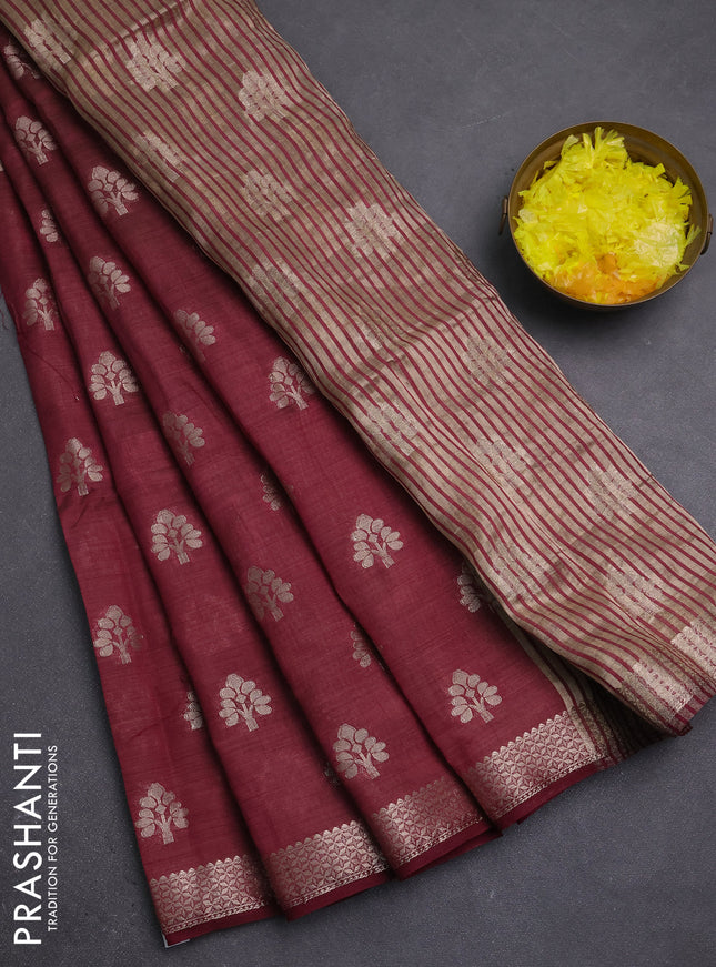 Semi raw silk saree deep maroon with allover zari woven buttas and zari woven border