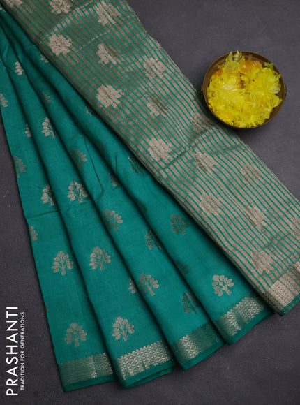 Semi raw silk saree teal green with allover zari woven buttas and zari woven border