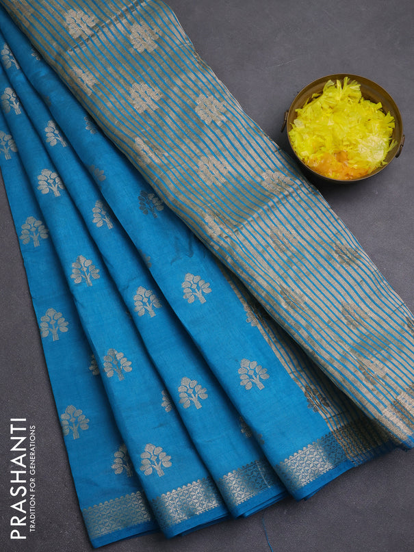 Semi raw silk saree teal blue with zari woven buttas and zari woven border