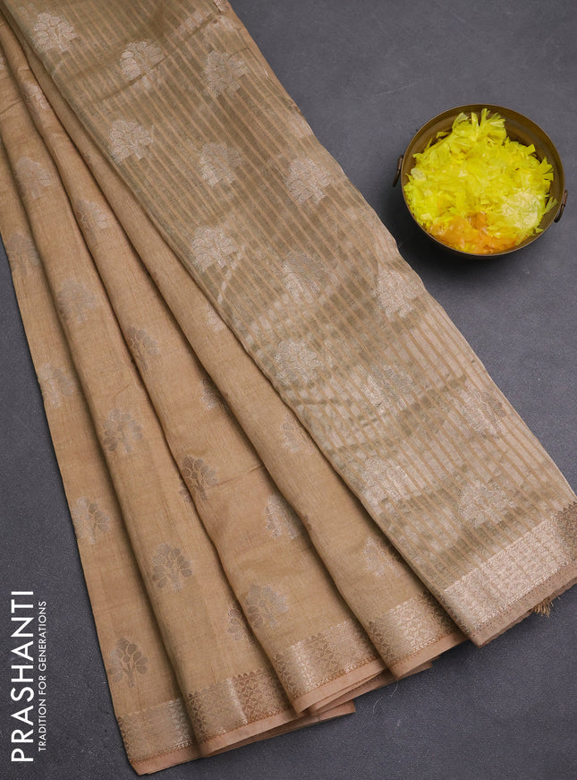 Semi raw silk saree sandal with allover zari woven buttas and zari woven border