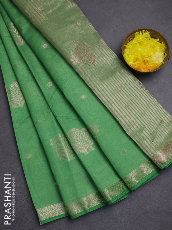 Semi raw silk saree green with zari woven buttas and zari woven border