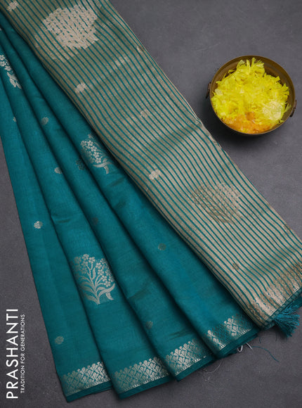 Semi raw silk saree teal blue with zari woven buttas and zari woven border