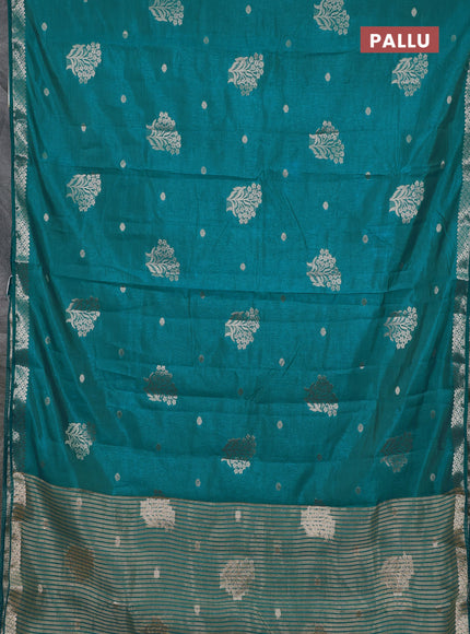 Semi raw silk saree teal blue with zari woven buttas and zari woven border