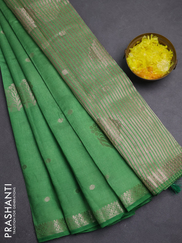 Semi raw silk saree green with zari woven buttas and zari woven border