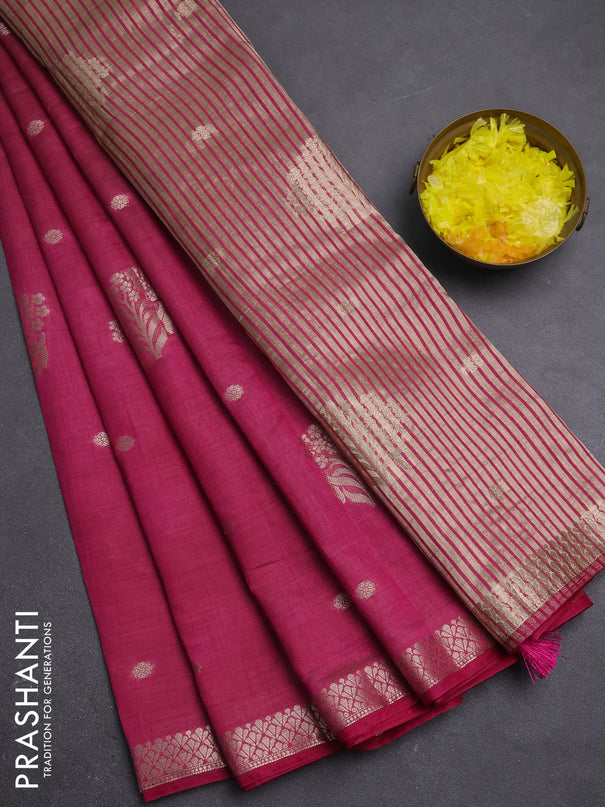Semi raw silk saree dark pink with zari woven buttas and zari woven border