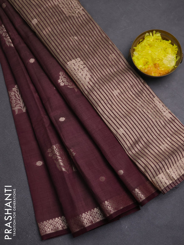 Semi raw silk saree deep wine shade with zari woven buttas and zari woven border