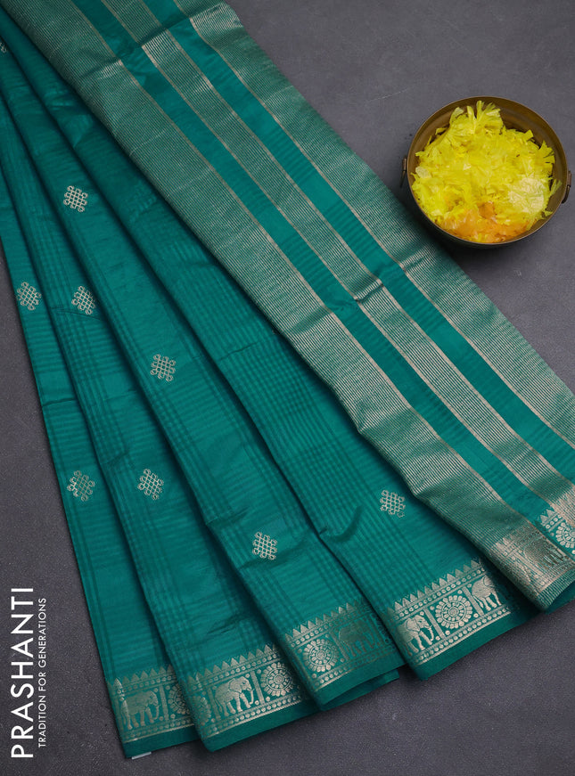Semi raw silk saree teal green with zari woven buttas and zari woven border