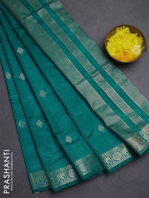 Semi raw silk saree teal green with zari woven buttas and zari woven border