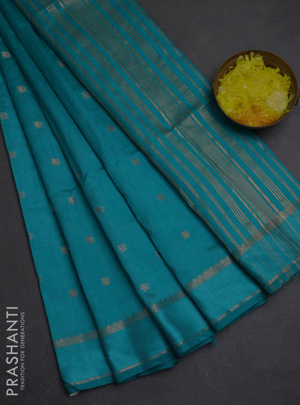 Semi raw silk saree teal blue with allover silver & zari woven buttas and rettapet zari woven border