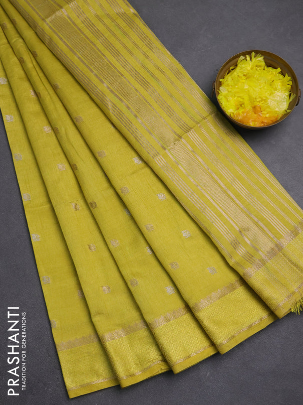 Semi raw silk saree lime yellow with allover silver & zari woven buttas and rettapet zari woven border