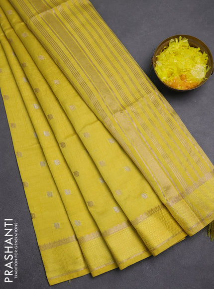 Semi raw silk saree yellow with allover silver & zari woven buttas and rettapet zari woven border