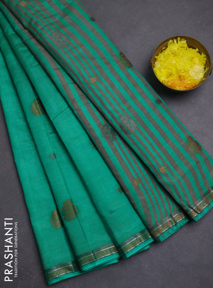 Semi raw silk saree teal green with thread woven buttas and woven border