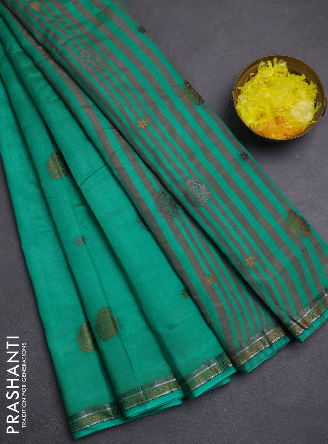 Semi raw silk saree teal green with thread woven buttas and woven border