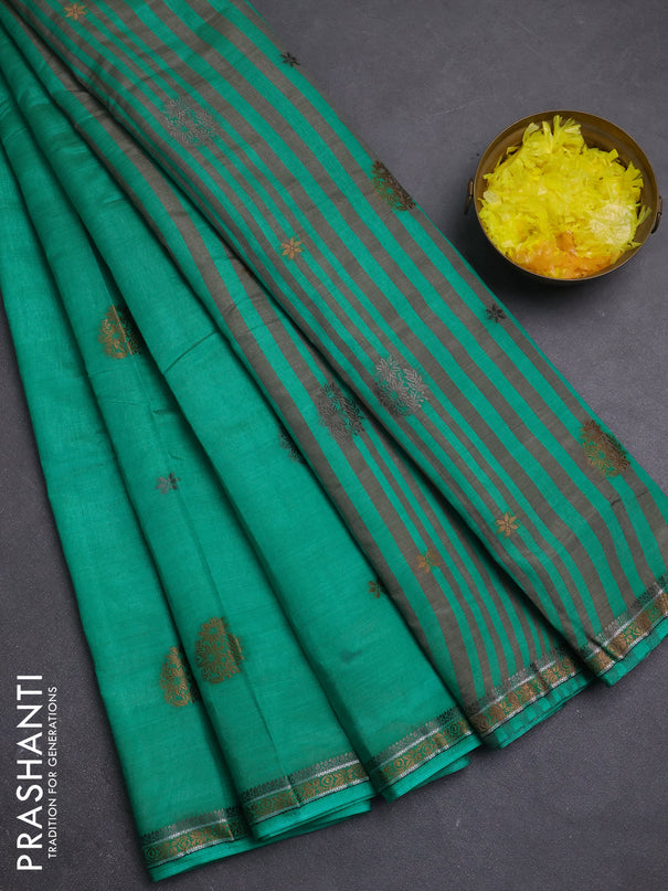 Semi raw silk saree teal green with thread woven buttas and woven border