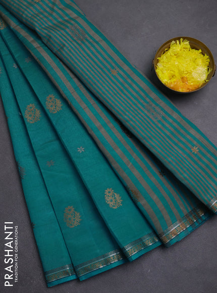 Semi raw silk saree cs blue with thread woven buttas and woven border