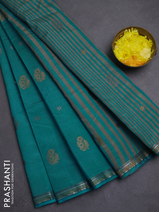 Semi raw silk saree cs blue with thread woven buttas and woven border