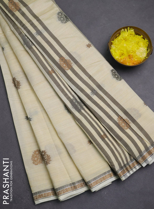 Semi raw silk saree cream with thread woven buttas and woven border