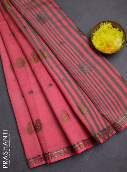 Semi raw silk saree peach pink with thread woven buttas and woven border