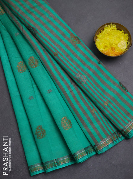 Semi raw silk saree teal green with thread woven buttas and woven border