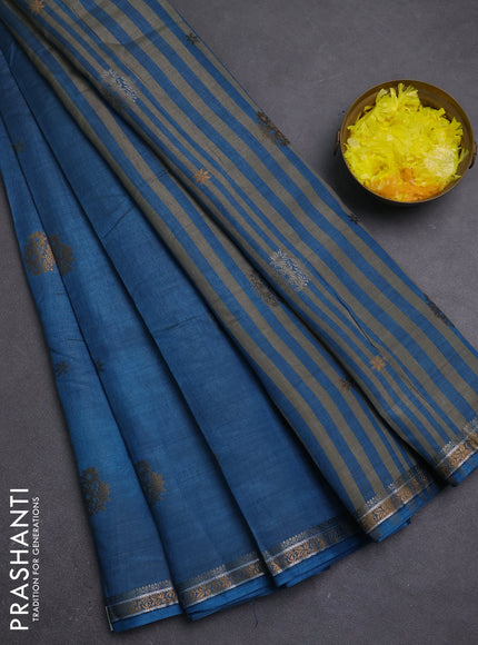 Semi raw silk saree peacock blue with thread woven buttas and woven border