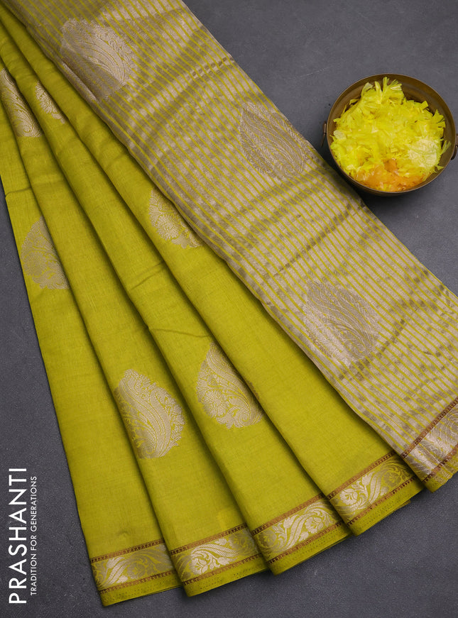 Semi raw silk saree lime green with zari woven buttas and zari woven border
