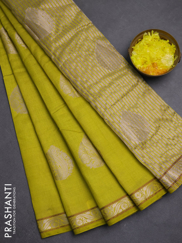 Semi raw silk saree lime green with zari woven buttas and zari woven border