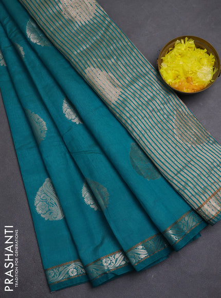 Semi raw silk saree teal green with zari woven buttas and zari woven border
