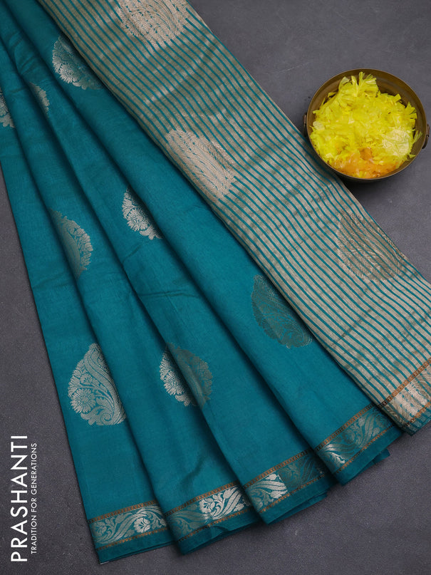 Semi raw silk saree teal green with zari woven buttas and zari woven border