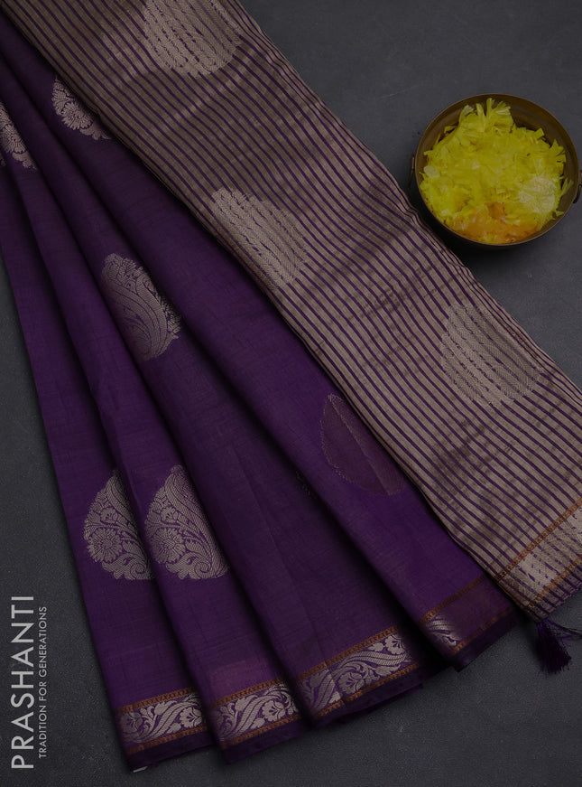 Semi raw silk saree deep purple with zari woven buttas and zari woven border