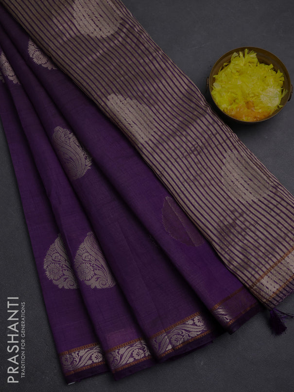 Semi raw silk saree deep purple with zari woven buttas and zari woven border