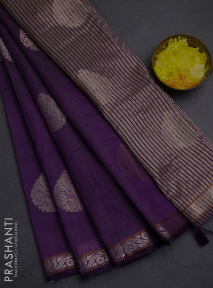 Semi raw silk saree deep purple with zari woven buttas and zari woven border