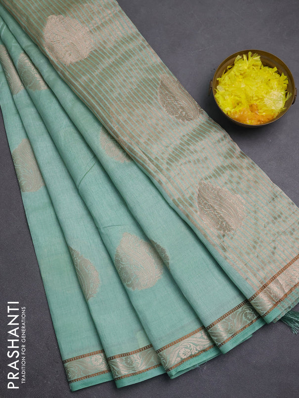 Semi raw silk saree pastel green with zari woven buttas and zari woven border