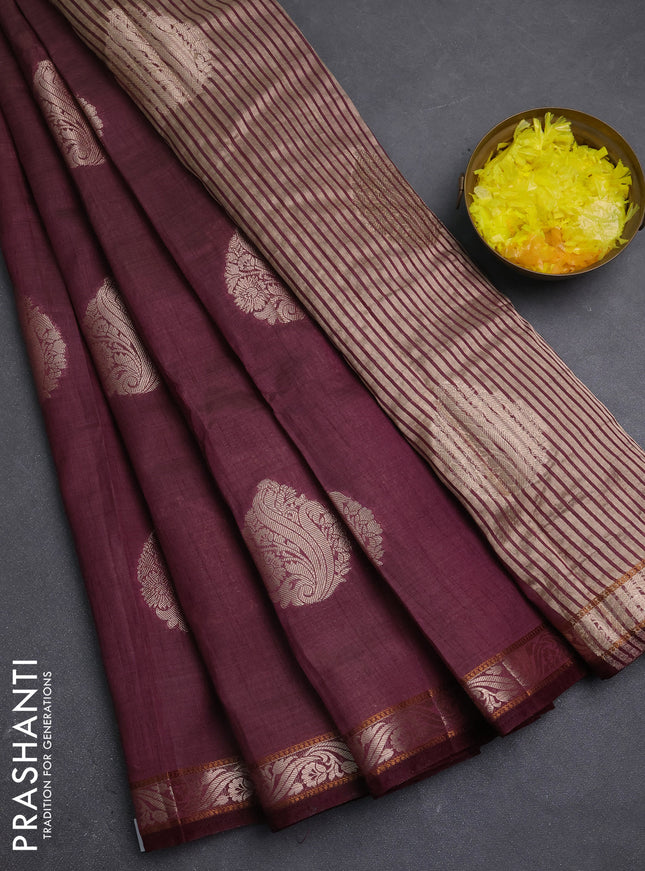 Semi raw silk saree deep wine with zari woven buttas and zari woven border