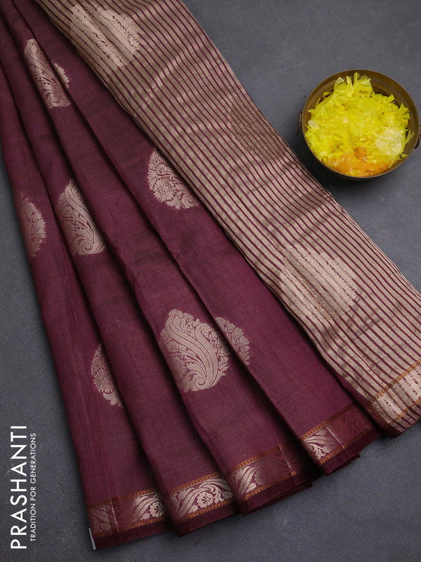 Semi raw silk saree deep wine with zari woven buttas and zari woven border