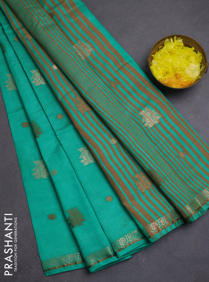 Semi raw silk saree teal green with thread & zari woven buttas and zari woven border