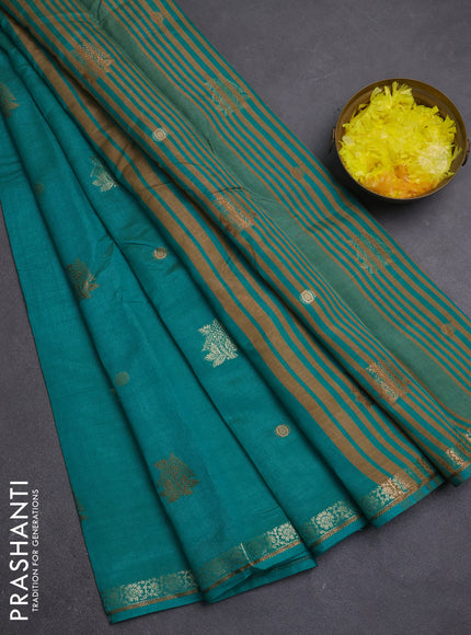 Semi raw silk saree teal blue with thread & zari woven buttas and zari woven border