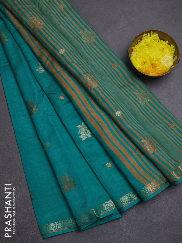 Semi raw silk saree teal blue with thread & zari woven buttas and zari woven border