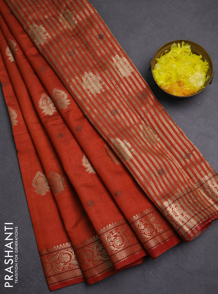 Semi raw silk saree rustic orange with allover thread & zari woven buttas and zari woven border