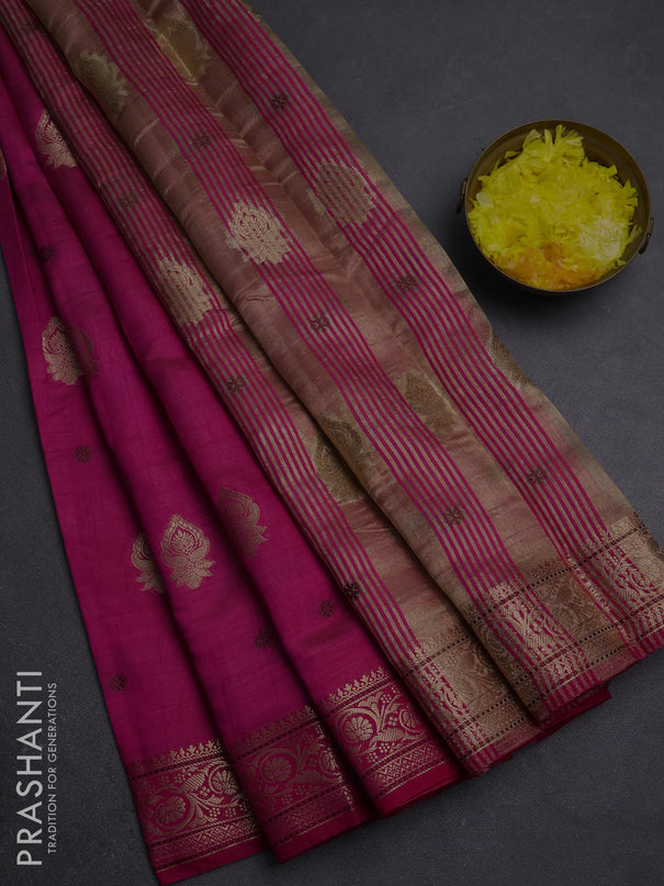 Semi raw silk saree dark pink with allover thread & zari woven buttas and zari woven border